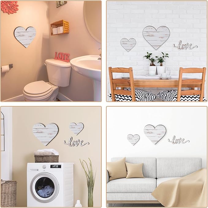3 Pcs Wooden Hearts Decor Heart Wooden Sign Rustic Hanging Love Plaque for Wall Home Farmhouse Living Room Bedroom Gifts(White)
