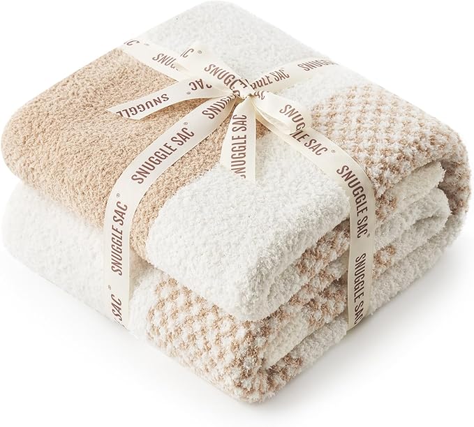 Snuggle Sac Checkered Blanket, Beige Throw Blanket for Couch Plaid Microfiber Fluffy Warm Cozy Soft Oversized Throw XL Reversible Checkerered Blankets for Sofa, Chair, Bed, 50x70 inches
