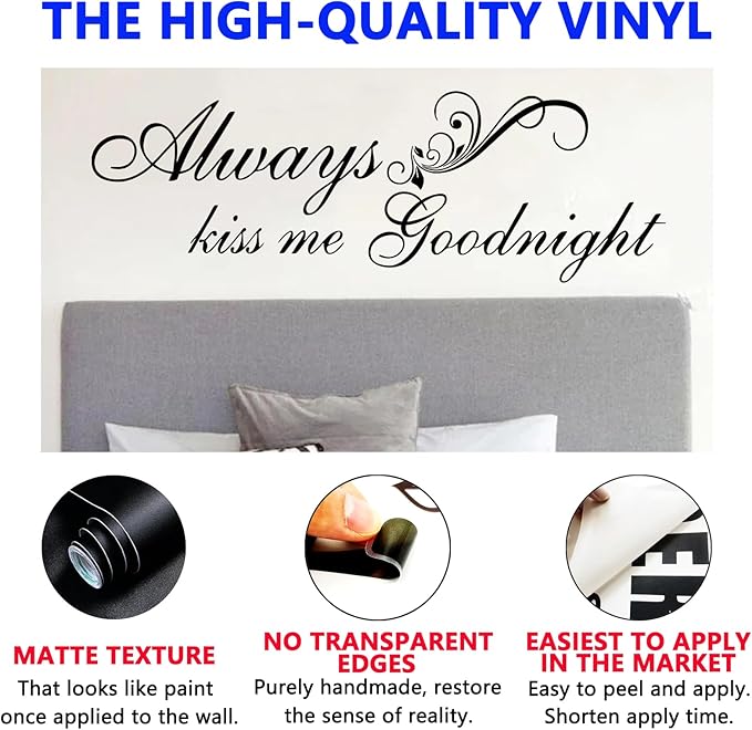 Love Quotes Wall Stickers for Bedroom: Inspirational Couples Romantic Marriage Wall Decals - Family Bathroom Bed Home Vinyl Art Wall Decor Always Kiss Me Goodnight 60"X20"