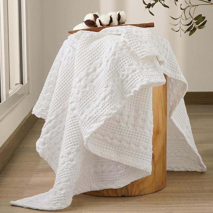 PHF 100% Cotton Waffle Weave Throw Blanket, Soft Lightweight Breathable Cozy Throws for Couch Bed Sofa, Luxury Aesthetic Blanket Gift for Home Decor & Office, 50"x60", White