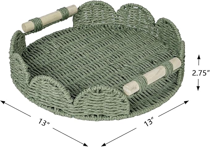CubesLand Round Scalloped Decorative Centerpiece Tray for Coffee Table, Home Decor, Living Room - Green Tray w/Wooden Handle – Warm and Elegant for Holidays, Housewarmings - Candle Plate Holder