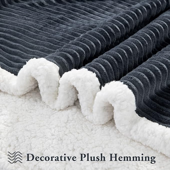 LBRO2M Striped Sherpa Fleece Bed Blanket King Size, Super Soft Fuzzy Plush Warm Cozy Fluffy Microfiber Couch Throw Velvet Double Reversible Luxurious Blankets (90x104), Dark Grey