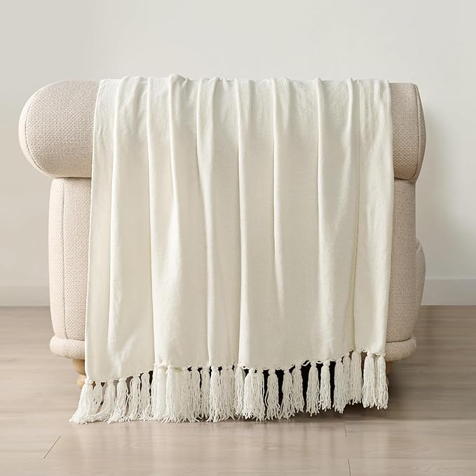 EverGrace Soft Chenille Throw Blanket for Couch, Cozy Plush Fuzzy Decorative Chenille Knit Throw Blanket with Tassels, Lightweight Blanket and Throws for Bed Sofa Gift Home Decor, Ivory White 60"x80"
