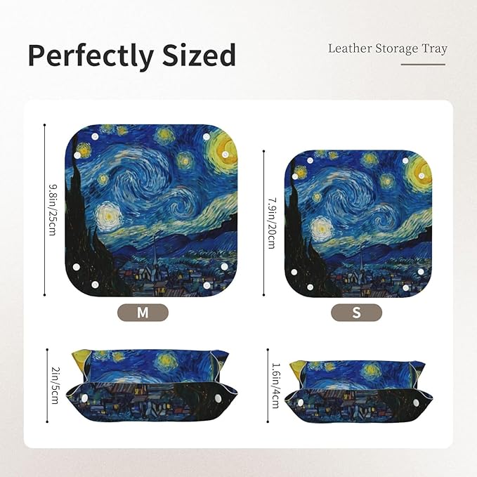 The Starry Night Van Gogh Leather Vanity Tray Desktop Storage Organizer Decor Catchall Perfume Bathroom Valet Tray Nightstand Caddy Holder for Remote Controller Keys Phone Wallet Coin Jewelry, S