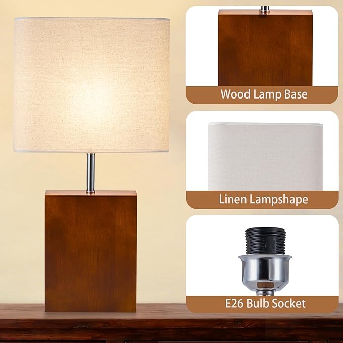 lapupu 23" Wood Table Lamp Set of 2 for Living Room, Modern Bedside Lamps for Bedroom, Large Farmhouse Nightstand Lamp, Desk Lamps for End Table Home Decor, Walnut Wood