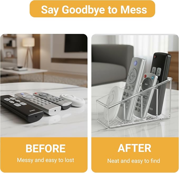 TV Remote Holder, Remote Holder for Table, Remote Control Caddy, Clear PET Remote Control Organizer with 4 Storage Compartments, Mini Desktop Remote Storage for Household, Bedside, Living Room (1Pcs)