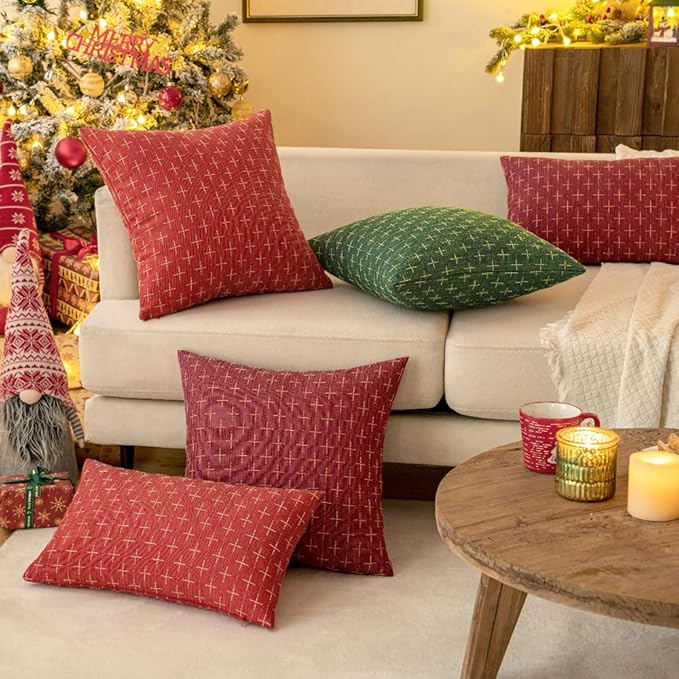 MIULEE Pack of 2 Christmas Decorative Burlap Linen Throw Pillow Covers Modern Farmhouse Pillowcase Rustic Woven Textured Cushion Cover for Sofa Couch Bed 18x18 Inch Wine Red