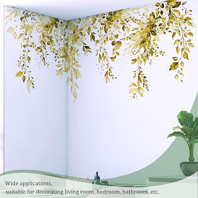 Yellow Plants Leaves Wall Decals Peel and Stick, Large Floral Flowers Vinyl Wall Stickers, Removable Vine Home Decor Art for Bedroom Living Room Classroom Office