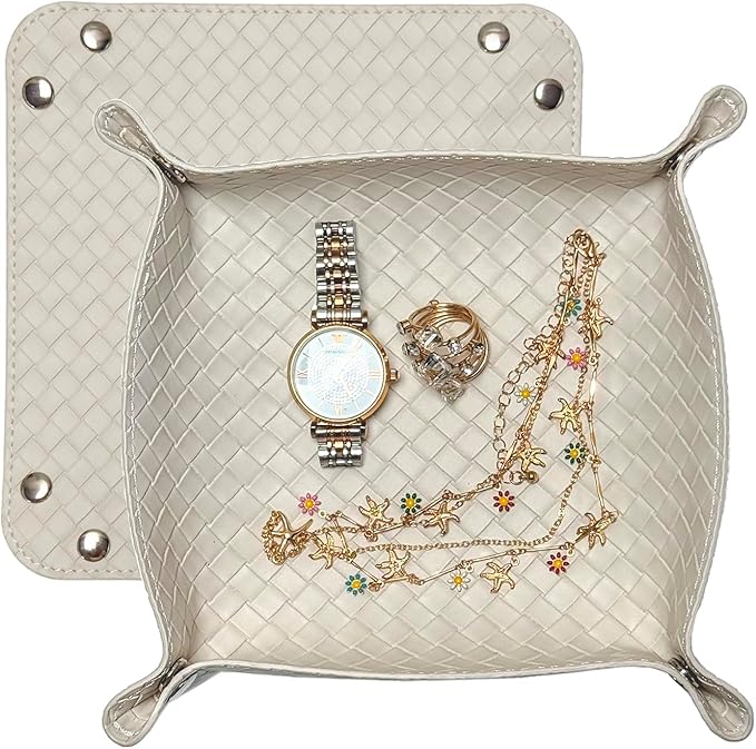 UnionBasic Small Valet Tray, Jewelry Tray for Rings Watches Earrings, Entryway Catchall Caddy for Coins Keys Change, Nightstand Bedside Valet Holder, Trays for Electronic Gadgets, Woven Beige