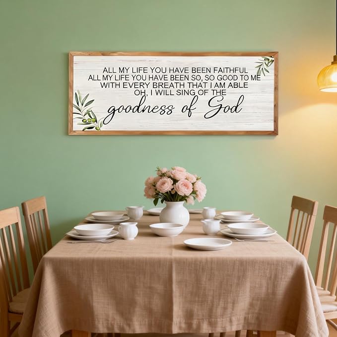 Goodness of God Christian Wall Decor: 40x15 Inch Large Framed Christian Inspirational Wall Art, Religious Scripture Quote Wooden Sign, Black Frame Christian Home Decor for Living Room Bedroom, Natural