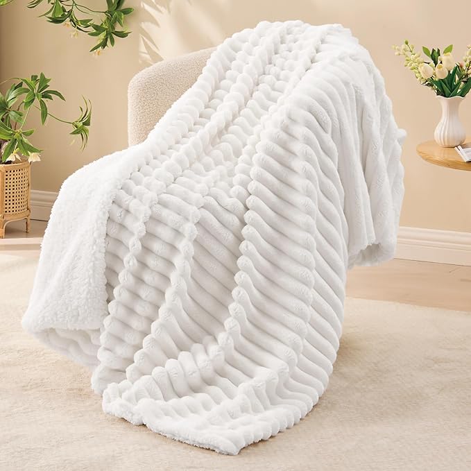 INFIIXSO Sherpa Throw Blanket for Couch - Super Soft & Warm Striped Fleece Blanket, Cozy Plush Fluffy Blanket All Season Use (Off White, 50x60 Inches)