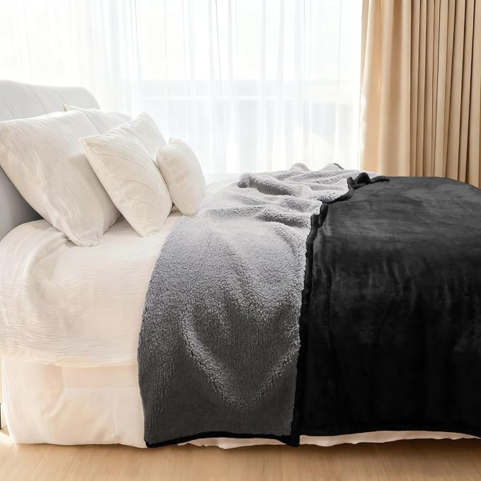 Genteele Sherpa Throw Blanket Super Soft Reversible Ultra Luxurious Plush Blanket, 90 x 90 inches, Black/Gray