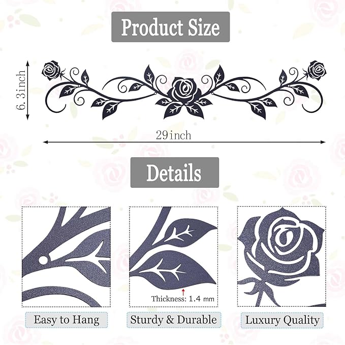 AHYS Metal Flowers Wall Decor Rustic Flat Rose Vine Wall Art for Farmhouse Home Living Room Bedroom for Above Door/Bed/Windows Decor (Black) - 29x6.3 Inch