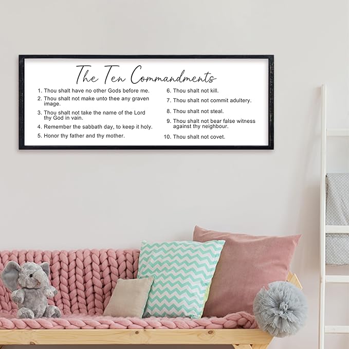 comurdyo Christian The Ten Commandments Bible Verse Wall Decor Art 32"×12" Large Wood Framed God Prayer Catholic Saying Catholic Sign for Vintage Living Room Jesus Plaque Wall Hanging (Black)