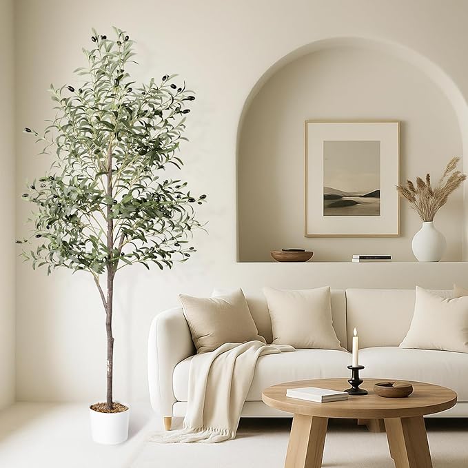 Waterproof Artificial Olive Tree, 5.5 FT Tall Faux Olive Tree for Home Indoor Decor, Floor Plant with Textured Leaves Fruits, Realistic Wood-Grain Trunk, Fake Plant for Living Room Bedroom Office