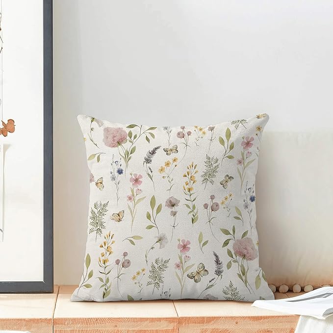 Spring Pillow Covers 22x22 Inch Set of 2, Sage Green Pink Wild Flower Throw Pillows Case,Colorful Seasonal Floral Plant Outdoor Decorative Farmhouse Decor Cushion Covers for Home Sofa Bed Couch