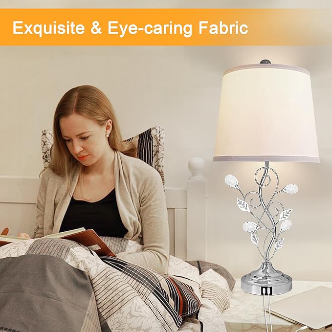 24.5in Modern Table Lamps - Set of 2, Silver with 2 USB Charging Ports, White Bedside Lamps for Nightstand, Unique Vine Leaf Design for End Table Reading