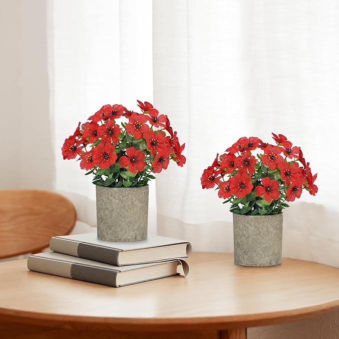 2 Pack Small Fake Plants Potted Artificial Plants Artificial Flowers Potted Faux Flower Daisy with Eucalyptus Leaves for Home Decor Office Room Farmhouse Indoor Table Bathroom Decor（Red）