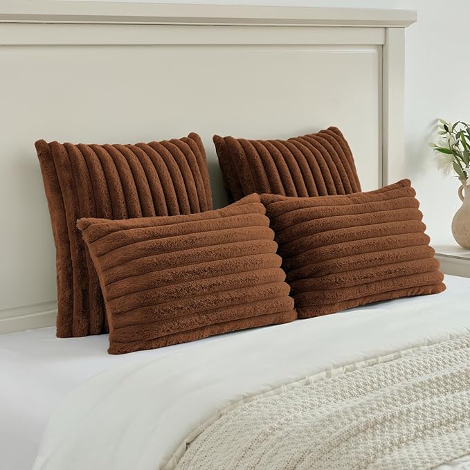 FUTEI Rust Decorative Throw Pillow Covers Set of 2, 12x20 Inch Soft Fluffy Faux Fur Plush Striped Lumbar Pillowcases, Modern Home Decor for Couch Bed Living Room