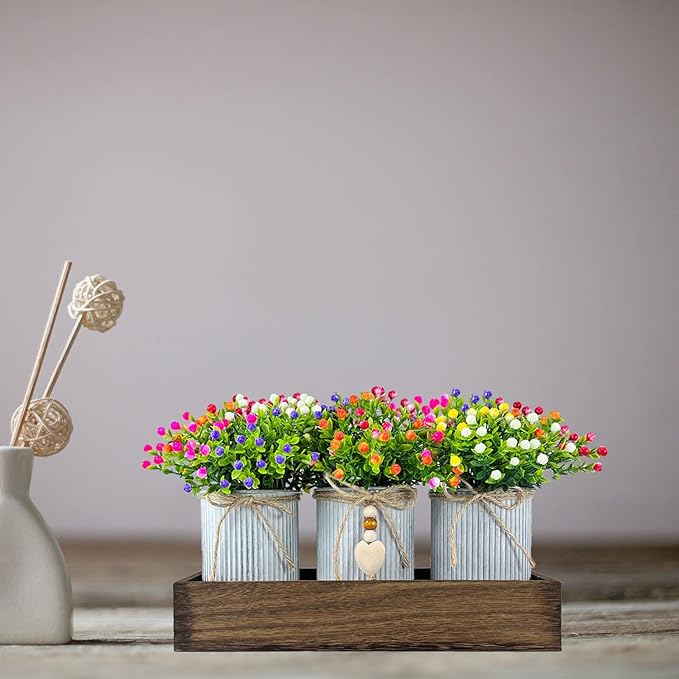 Table Centerpiece Decoration Artificial Flower Set with 3 Fake Milan Bouquet and Wood Tray for Desk Home Bathroom Office Décor