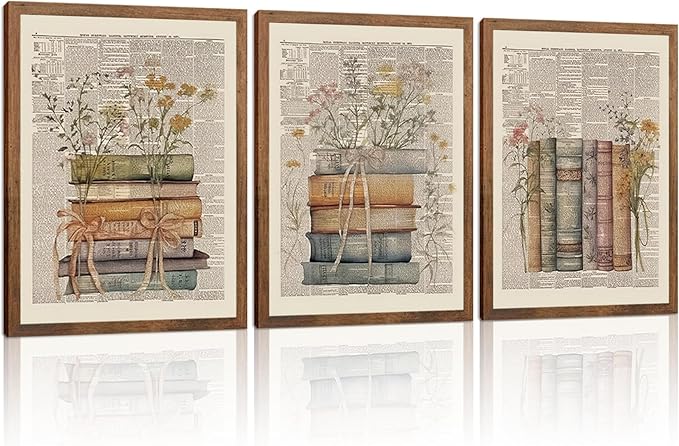 Vintage Book Wall Art Set of 3, Preppy Bow Floral Dictionary Book Canvas Prints, Floral Wildflower Wall Decor for Office Dorm Classroom Bedroom Home Decor 12x16in Wood Framed