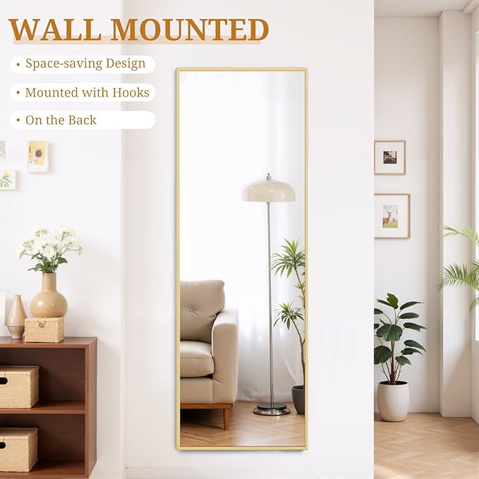 Full Length Mirror 58"x19" Full Body Mirror Rectangle Free Standing Wall Mounted Leaning Floor Mirrors with Stand Aluminum Alloy Frame for Bedroom Cloakroom, Gold