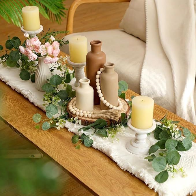 Geelin 6 Pcs Boho Rustic Table Centerpieces, 3 Modern Ceramic Vases, Wooden Slice Tray, Farmhouse Wood Beads Garland with Tassel, Artificial Vines for Dining Home Table Decor(Neutral)