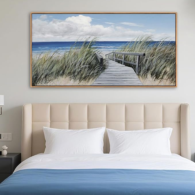 Coastal Wall Art for Living Room - Vintage Farmhouse Landscape Artwork for Walls, Framed Blue Seascape Canvas Decor, Beach Pictures for Bedroom, Ocean Wall Decor Home Decorations 24×48IN