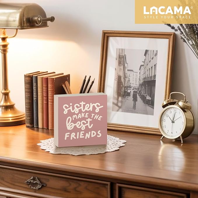 Lacama Pink Girl Nursery Decor Wooden Box Sign, Sisters Make the Best Friends Decorations Wood Block Signs, Retro Pink Wood Sign for Toddler Girls Room Playroom Desk Shelf Wall Decor 5x5 Inches