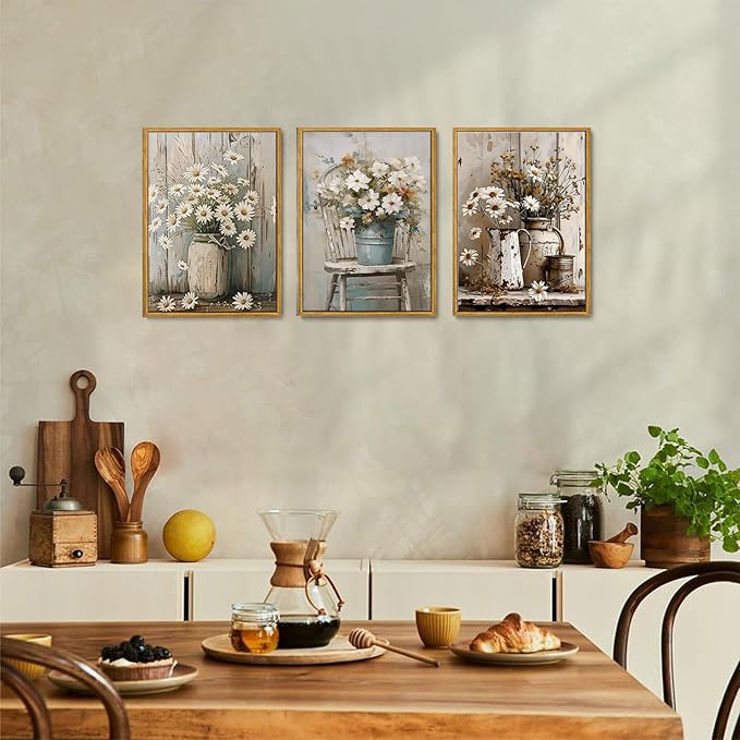 Wodkwq 3 piece Rustic Farmhouse Wall Decor Framed,Vintage Floral Canvas Wall Art,Daisy Country Picture Prints For Bedroom,Living Room,Bathroom 16x24in
