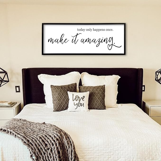 flowtorely Motivational Wall Decor Today Only Happens Once Make It Amazing Sign 32"X12" Inspirational Quote Positive Plaque Large Vintage Wood Frame for Office Encouragement Wall Hanging Art (Black)