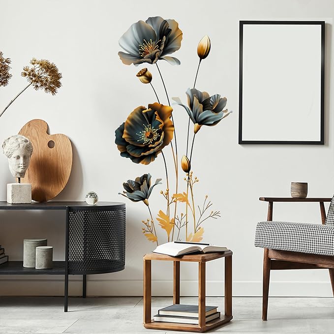 TUOKING Black Gold Flowers Wall Stickers Decor Removable Wall Murals Peel and Stick Wall Art Decal Home Decor for Kitchen,Bedroom,Living Room(MS3241)