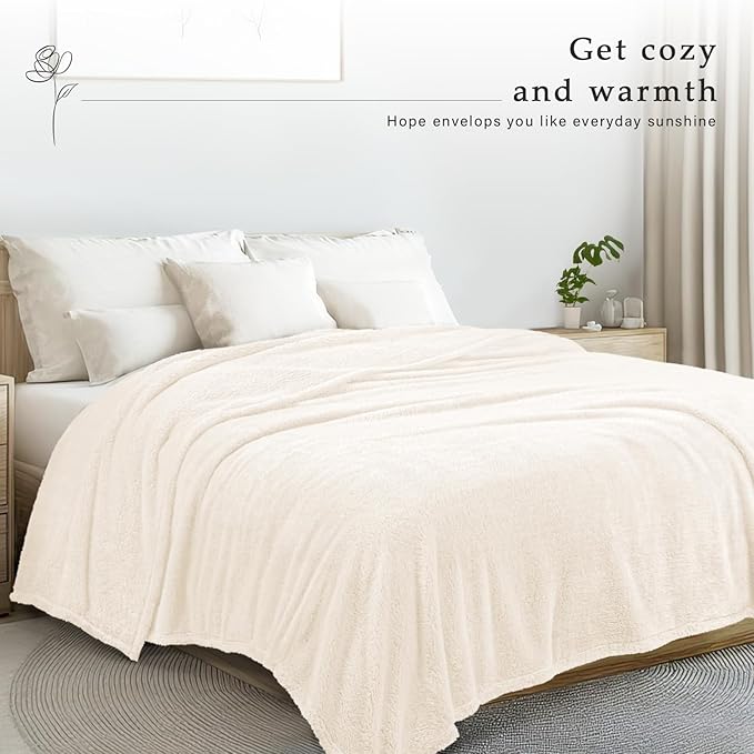 Exclusivo Mezcla Twin Size Blanket for Bed, Super Soft Velvet Plush Fleece Blankets, Fuzzy Cozy and Warm for Winter, 60x80 Inches, Ivory