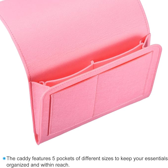 PATIKIL 11in Bedside Caddy, Bed Caddy Bedside Organizer Hanging Soft Felt 5 Pockets Bed Pockets Bedside Storage Organizer Remote Control Holder for Bedroom Phones Glasses, Pink