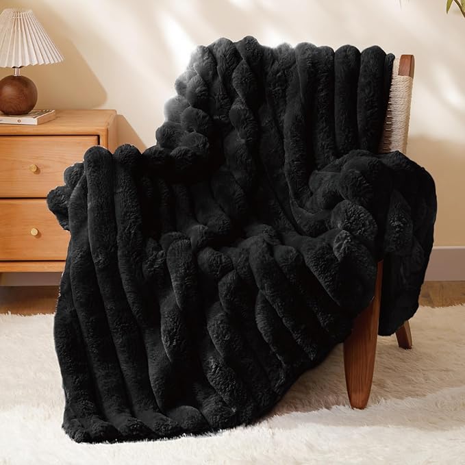 BEDELITE Faux Fur Throw Blanket for Couch, Soft and Cozy Luxurious 3D Striped Fluffy Blanket, 770GSM Thick Warm Plush Fuzzy Faux Rabbit Fur Blanket for Women Gift (Black, 60"x 80")