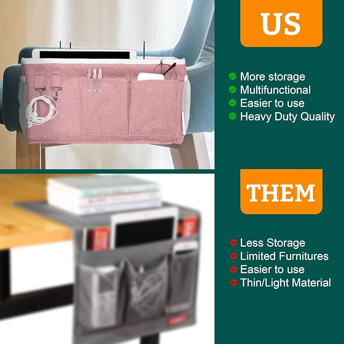 Bedside Caddy Organizer Hanging Storage Bag with Pockets for Books, Magazines, Phone, Tablet & Water Bottle – Bedside Storage for Dorm, Bunk Beds, Hospital Beds & Cribs, Pink