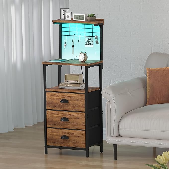 Tall Nightstands with Charging Station, LED Night Stand Bedsides with 3 Fabric Drawers,Hooks,USB Port and Open Storage Shelves,Tall End Table Bedside Tables for Bedroom,Office, Rustic Brown