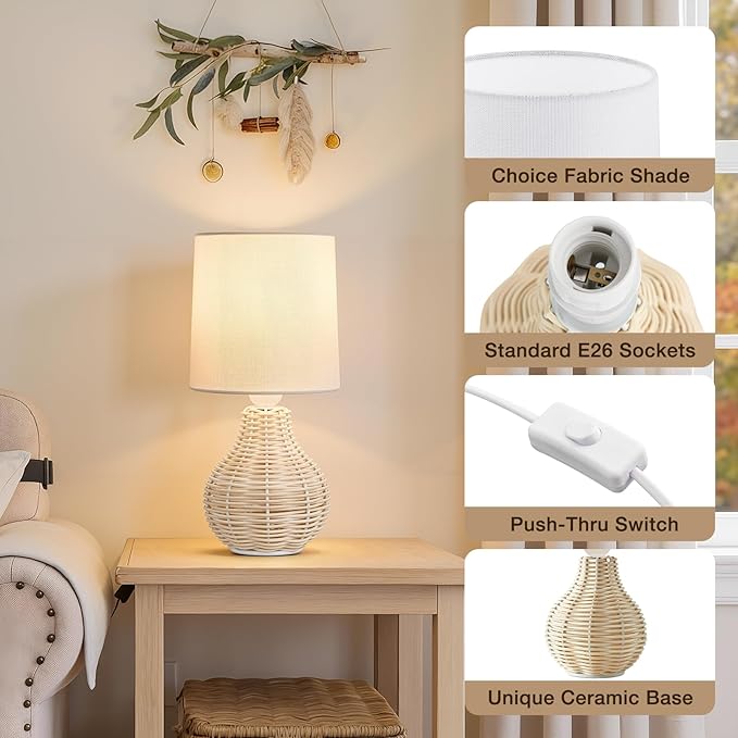 Rattan Table Lamp Boho Lamps Set of 2-12.5" Mini Farmhouse Wicker Light Rustic End Table Decorative Small Lamps for Small Spaces Bedroom Nightstand Living Room Reading Desk Side Table Lamp