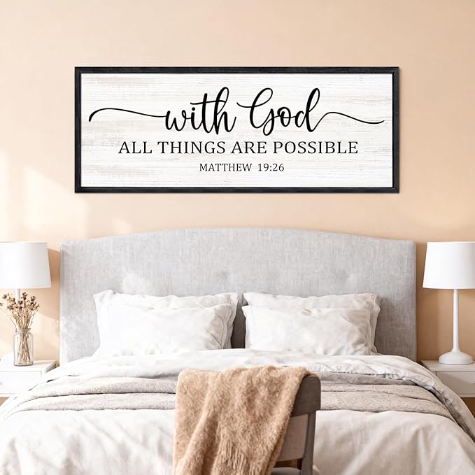 With God All Things are Possible Framed Wall Art, 40''×15'' Black Positive Religious Rustic Bible Verse for Christian God Jesus Christ Prayer, Holy Horizontal Inspirational Catholic Scripture Decor