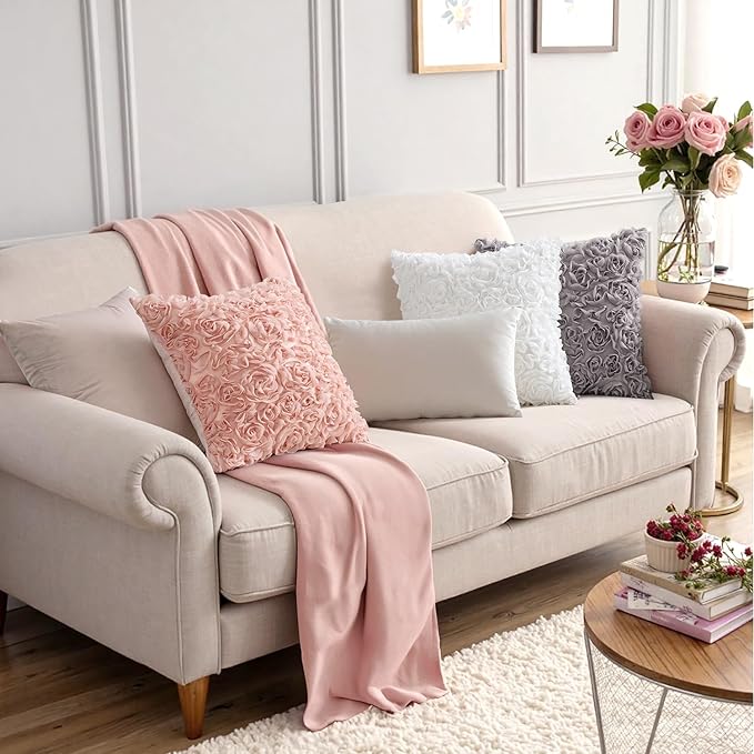 MIULEE 3D Rose Flower Pillow Cover Decorative Spring Floral Romantic Stereo Chiffon Aesthetic Solid Pillowcase for Girl Bedroom Living Room Decor 12x12 Inch Peach Pink