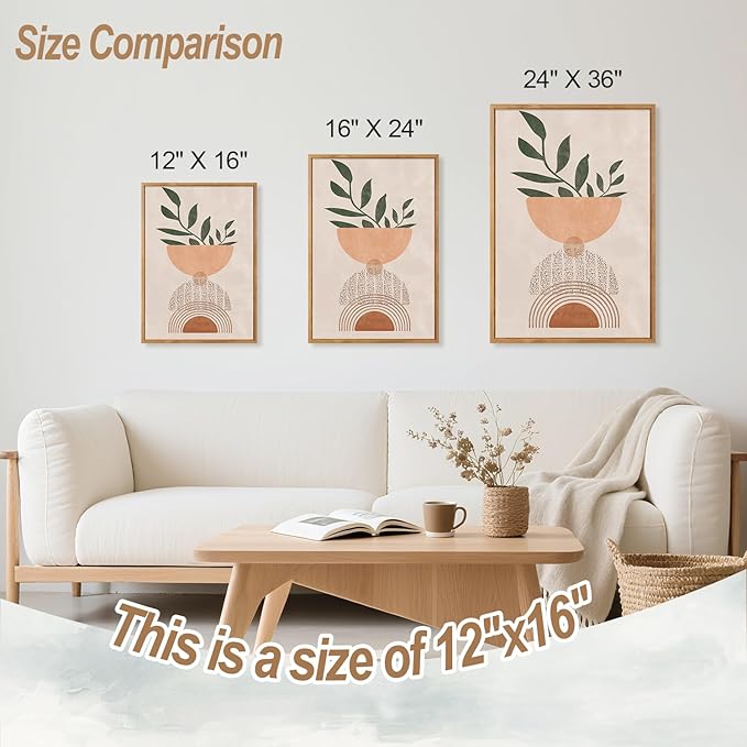 CHDITB Boho Geometric Framed Canvas Wall Art Set Of 3, Modern Minimalist Wall Decor, Bohemia Sage Leaves Painting, Mid Century Office Art Prints For Living Room, Bedroom Decor(12X16 Inch)