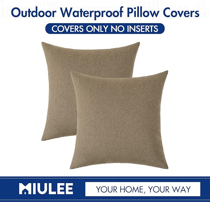 MIULEE Pack of 2 Decorative Outdoor Solid Waterproof Throw Pillow Covers Euro Sham Faux Linen Garden Farmhouse Cushion Cases for Patio Tent Balcony Couch Sofa 24x24 Inch Khaki