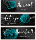 ZINYAZHE 3 Pcs Teal Wall Decor Inspirational Teal Bathroom Decor Wooden Rose Art Turquoise Office Decoration With Accept Let Go Have Faith Quotes For Women Bedroom Living Room(16 X 5 Inch)