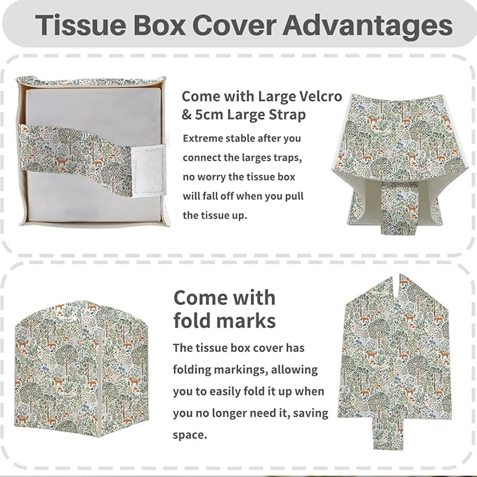 Tissue Box Cover, Tissue Box Holder, Square with Belt Bottom, PU Leather Decorative Organizer for Desk, Tabletop, Countertop Bathroom, Toilet Car, Office, Dresser Bedside, Fox Forest Flower Decor