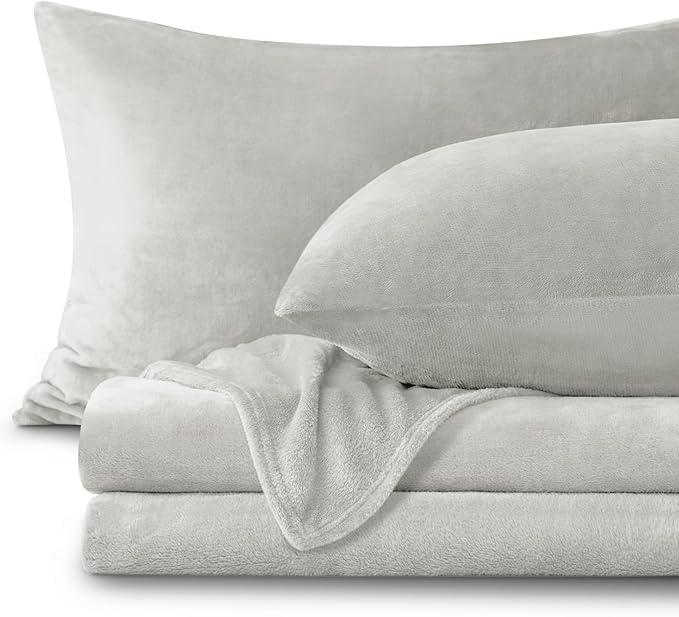 BEDELITE Flannel Sheets King Size Light Grey - Super Soft Fleece Sheets Set Fluffy Extra Plush, 4 Piece(Include Fitted Sheet, Flat Sheet, 2 Pillowcases)