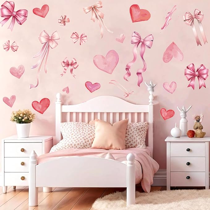 Pink Bow and Heart Wall Decals - 6 Sheets 82 Pcs Bow Knot Wall Stickers Watercolor Bow Heart Peel and Stick Wall Stickers for Girls Room Nursery Bedroom Valentine's Day Décor