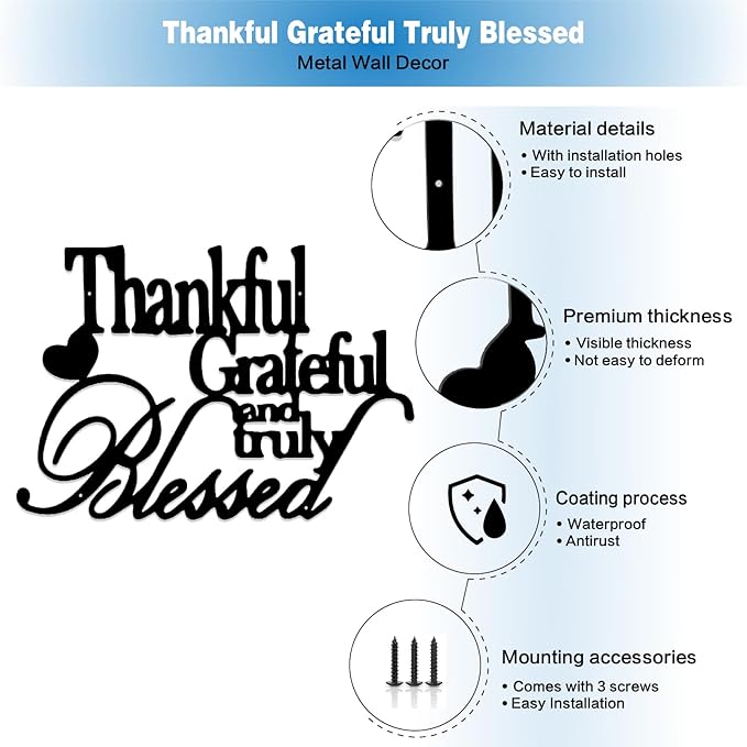 Hppybiry Thankful Grateful Blessed Wall Decor Black Metal Wall Art Thankful Grateful and Truly Blessed Sign Home Decor Entryway Living Room Decoration Signs - 40 Inches