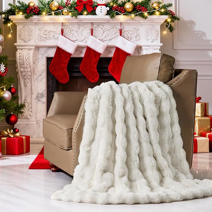 Lotus Karen Queen Size Faux Fur Blanket - Cream White Big Bubble Rabbit Fluff, 90x90 Inches