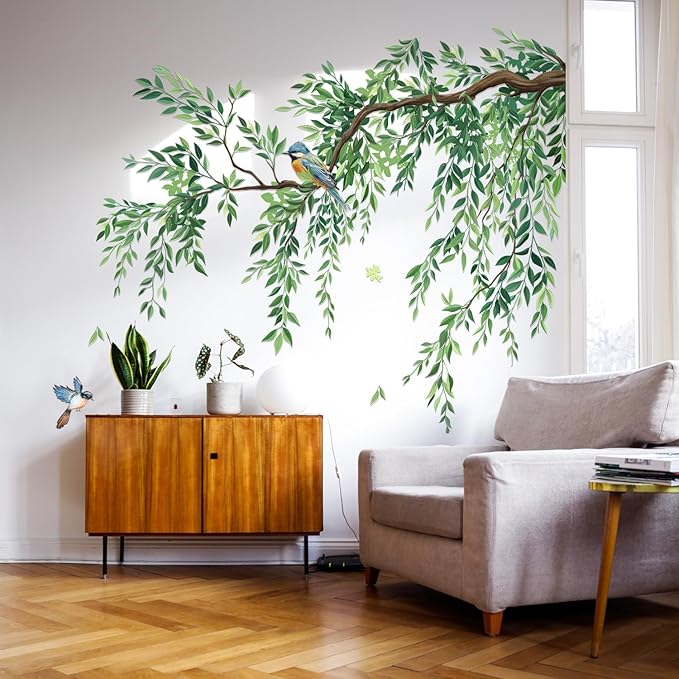 Large Green Tree Leaves Wall Stickers,3 Sheets Hanging Vine Tree Wall Decals Peel and Stick Waterproof Leaves Branch Wall Murals Decor for Living Room (Green Leaves, 11.8 * 35.4inch)