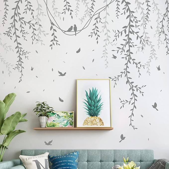 Hanging Willow Branch Wall Stickers DIY Grey Vine Leaf Plant Wall Decals Peel and Stick Grass Birds Butterfly Art Mural Decortions for Kids Baby Girls Nursery Bedroom Living Room Offices Classroom